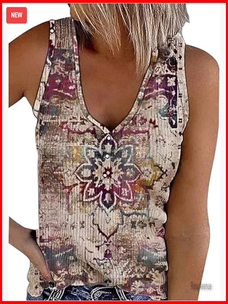Women's Racerback Tank Top, Cotton Blend, Loose Fit, Mandala Print, Sleeveless
